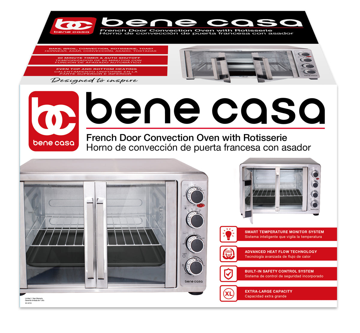 Bene Casa BC-99705 45L French Door Convection Oven with Rotisserie - Stainless Steel