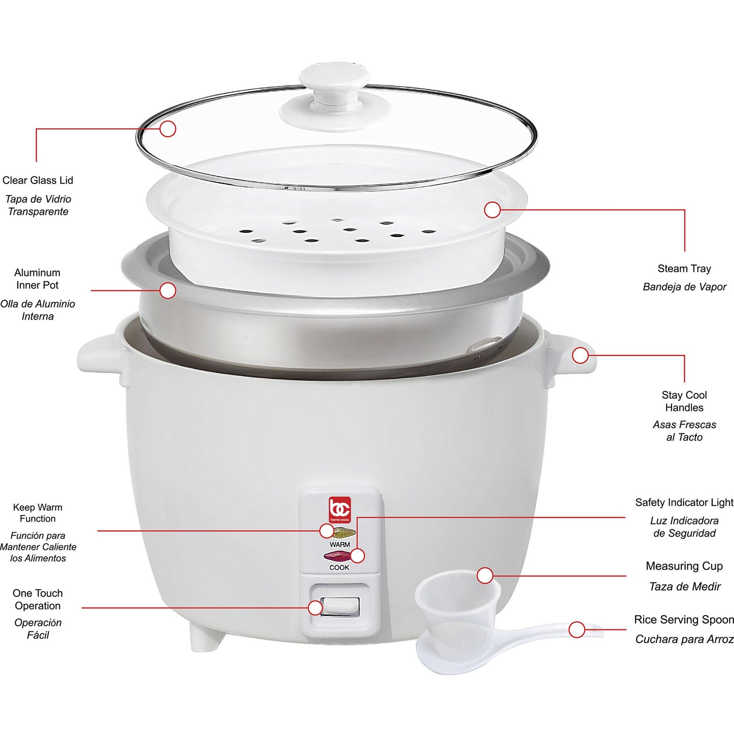 Bene Casa - Rice Cooker with Glass Lid - 6 Cups
