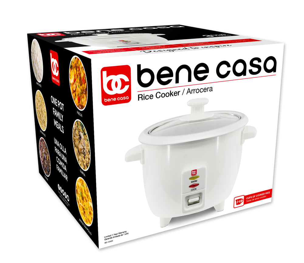 Bene Casa 7 cup stainless-steel thermo rice cooker, stainless steel and  black design, cool touch rice cooker, simple operation, dishwasher safe.
