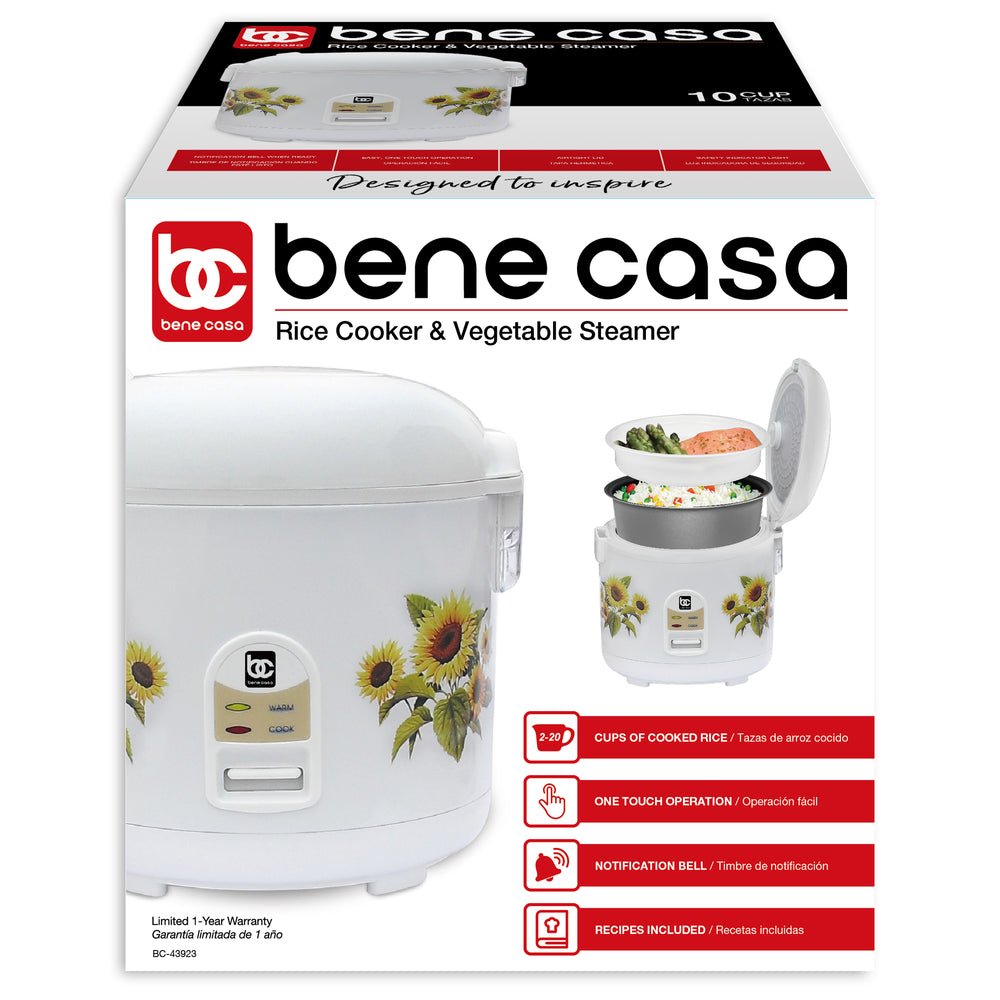 Bene Casa 7 cup stainless-steel thermo rice cooker, stainless steel and  black design, cool touch rice cooker, simple operation, dishwasher safe.