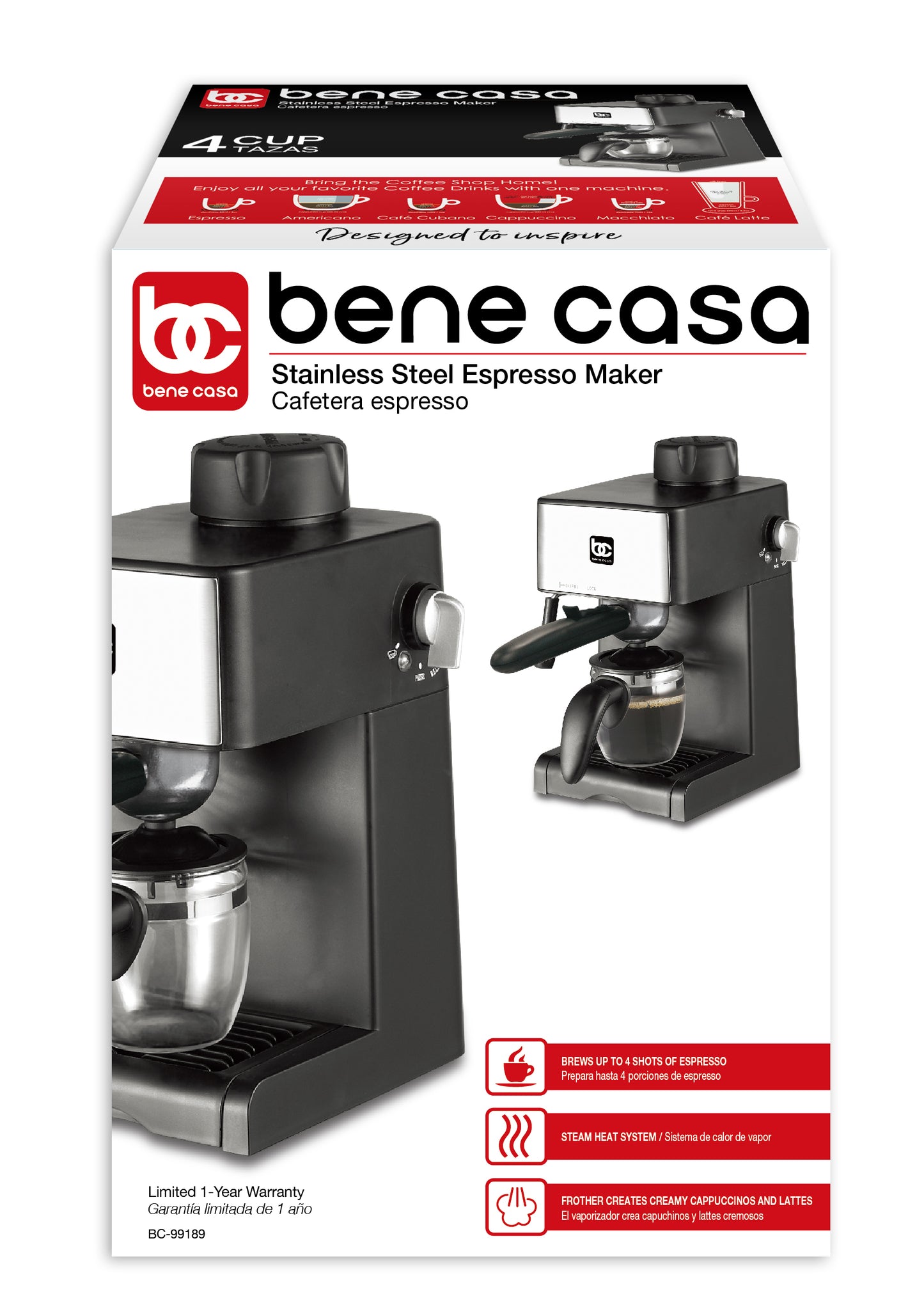 Bene Casa 3.5 Bar Espresso Cappuccino Latte Machine Maker with Frother, Red